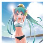  1girl arms_up ball clouds green_eyes green_hair hatsune_miku highres konbeki long_hair midriff navel open_mouth sky solo twintails very_long_hair vocaloid wet 