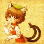  brown_hair cat_ears cat_tail chen earrings hat jewelry multiple_tails short_hair souri tail touhou 