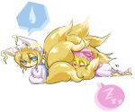  barefoot blonde_hair chibi fox_tail hat makarori multiple_girls multiple_tails sleeping sweatdrop tail tail_hug touhou yakumo_ran yakumo_yukari 