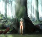  ahoge aqua_hair arms_behind arms_behind_back barefoot forest legs loincloth nature original plant pointy_ears short_hair sunlight yammy_(artist) yammy_(cellblo) 