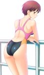  brown_eyes brown_hair competition_swimsuit fence from_behind kuri_(kurigohan) looking_back one-piece_swimsuit red_hair redhead short_hair swimsuit 