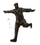  closed_eyes gloves hat metal_gear_solid metal_gear_solid_3 military military_uniform outstretched_arms simple_background soldier spread_arms translated uniform 