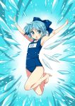  ? armpits barefoot blue_eyes blue_hair bow cirno feet flat_chest highres jumping manle one-piece_swimsuit school_swimsuit short_hair swimsuit touhou wings 