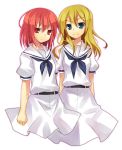  2girls belt blonde_hair blue_eyes miyanaga_teru multiple_girls oohoshi_awai red_eyes red_hair ribbon sailor_dress saki school_uniform short_hair short_sleeves skirt smirk tamura_hiro 