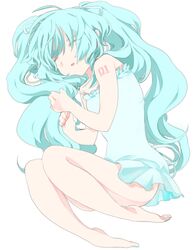  aqua_hair bad_id barefoot closed_eyes feet fetal_position hair_ribbon hatsune_miku long_hair makino_(pixiv158255) makino_(sinobusan) ribbon short_dress simple_background sleeping solo twintails vocaloid 