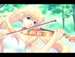  bare_shoulders blonde_hair blue_eyes copyright_request elf forest grass instrument letterboxed long_hair nature outside pointy_ears smile solo tama_two_(fukuya) tree violin 