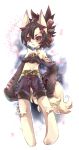  animal_ears bare_shoulders barefoot black_hair chains cherry_blossoms collar flat_chest fox_ears furry hair_ornament hairclip long_sleeves paws solo tail violet_eyes 