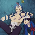   bandage black_hair blue_hair kamina male shirtless simon surprise suzuki_(artist) tattoo tengen_toppa_gurren_lagann  