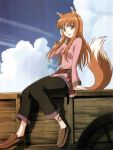  animal_ears anklet brown_hair cloud clouds highres holo horo jewelry long_hair no_socks red_eyes sitting sky spice_and_wolf tail wolf_ears 