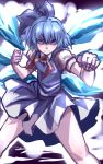  1girl aura blue_dress blue_eyes blue_hair bow cirno dress fighting_stance hair_bow highres ice ice_wings puffy_short_sleeves puffy_sleeves short_hair short_sleeves solo touhou wings yagami_(mukage) 