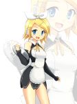  apron blue_eyes cosplay detached_sleeves dream_c_club dream_c_club_(cosplay) hair_ornament hair_ribbon hairclip headphones headset kagamine_rin maid mis_res plate ribbon setsu_(dream_c_club) setsu_(dream_c_club)_(cosplay) short_dress short_hair smile solo tray vocaloid waitress zoom_layer 