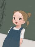  chalkboard child flat_chest forehead loli miyuuhodoh open_mouth overalls smile solo 