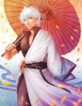  1boy holding holding_umbrella japanese_clothes kinoeneko male male_focus oriental_umbrella sakata_gintoki short_hair silver_hair umbrella 