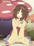  1girl bellossom black_hair erika_(pokemon) gym_leader hairband japanese_clothes kimono messy_hair nakamura_sandayo pokemon pokemon_(creature) pokemon_(game) pokemon_rgby short_hair sitting vileplume 