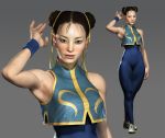  1girl 3d armpits bare_shoulders brown_eyes brown_hair capcom chun-li curvy double_bun kevin_luo lipstick makeup realistic shoes solo street_fighter tennis_shoes thighs unitard wide_hips wristband 