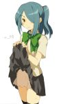  bad_id blush crossdressinging hair_over_one_eye inazuma_eleven kaimuari kazemaru_ichirouta male ponytail shota skirt solo sweat thighhighs trap 