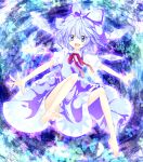  barefoot blue_dress blue_eyes blue_hair bow butterfly cirno dress feet floating glowing gradient_hair hair_bow highres large_bow lavender_hair multicolored_hair neck_ribbon open_mouth ribbon riichu short_hair smile touhou wings 
