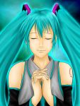   aqua_hair detached_sleeves closed_eyes folded_hands hatsune_miku twintails vocaloid  