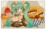  birthday cake candy checkerboard_cookie cookie cupcake detached_sleeves doughnut food fork green_eyes green_hair hair_ribbon hatsune_miku headphones jiruta long_hair pastry ribbon sitting skirt smile solo thigh-highs thighhighs twintails very_long_hair vocaloid zettai_ryouiki 