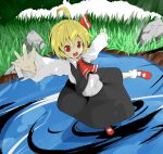  ahoge blonde_hair hair_ribbon nanairo_neru outstretched_arms red_eyes ribbon rumia solo spread_arms touhou water when_you_see_it 