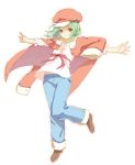  bakemonogatari cabbie_hat casual green_hair hat jacket jacket_on_shoulders jeans monogatari_(series) sengoku_nadeko shoes short_hair 