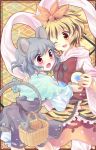  animal_ears basket hair_ornament mouse mouse_ears mouse_tail multicolored_hair multiple_girls nazrin oimo red_eyes shawl short_hair tail toramaru_shou touhou yellow_eyes 