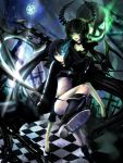  black_hair black_rock_shooter black_rock_shooter_(character) blue_eyes boots chain chains curly_hair dead_master dsakuraff gloves glowing glowing_eyes green_eyes horns long_hair scar skull twintails wings 