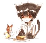  bad_id brown_hair cat_ears cat_paws cat_tail food gundam gundam_00 hariko kinue_crossroad lowres minigirl mouse_ears mouse_tail pancake paws red_eyes setsuna_f_seiei tail 