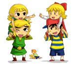  aryll black_eyes black_hair blonde_hair brother_and_sister carrying child claus crossover hat link lucas mother_(game) mother_2 mother_3 ness nintendo orange_hair pointy_ears ribbon shoulder_carry siblings smile super_smash_bros. swammi the_legend_of_zelda toon_link tracy wind_waker wink 