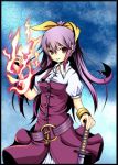  fire hair_ribbon katana kumaguma long_hair ponytail purple_hair red_eyes ribbon sword touhou watatsuki_no_yorihime weapon 