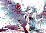  aqua_eyes aqua_hair cable detached_sleeves feathers finger_to_mouth hatsune_miku long_hair mechanical_wings moonsorrow navel necktie sitting skirt thighhighs very_long_hair vocaloid wings 
