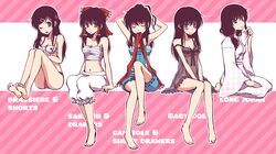  alternate_hairstyle armpits babydoll bad_id bare_shoulders barefoot between_thighs black_hair bloomers blush bow bra brown_eyes camisole contemporary english feet hair_ornament hair_tie hairclip hakurei_reimu japanese_clothes juban legs legs_up lingerie long_hair meg_(artist) meg_maru2 mouth_hold off_shoulder pigeon-toed ribbon sarashi seiza sitting touhou underwear v_arms wink 