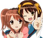  brown_hair headband orange_eyes school_uniform sham_fu short_hair suzumiya_haruhi suzumiya_haruhi_no_yuuutsu v wink 