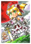  armor armored_dress blonde_hair bow dress fate/stay_night fate/tiger_colosseum fate/unlimited_codes fate_(series) green_eyes hair_bow ponytail saber saber_lily saber_lion sukeroku sword traditional_media weapon 
