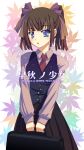  bad_id bag blush brown_hair genshi hair_ribbon leaf leaves original ribbon school_uniform skirt twintails 