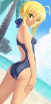  1girl absurdres ahoge ass blonde_hair braid competition_swimsuit dutch_angle fate/stay_night fate_(series) from_behind green_eyes highres looking_at_viewer looking_back one-piece_swimsuit saber smile solo swimsuit takahirokun 