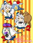  1girl bird chibi dated eggplant fan folding_fan food_in_mouth happy_new_year hat japanese_clothes kamome kariginu mononobe_no_futo mount_fuji new_year ponytail ribbon short_hair silver_hair skirt smile solo sun tate_eboshi touhou translated yellow_eyes 