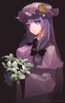 1girl black_background bouquet breasts bust crescent_hair_ornament flower hair_ornament hat highres long_hair msmusui patchouli_knowledge purple_hair smile solo touhou twitter_username 