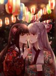  2girls aili_(aliceandoz) black_hair bow crossed_arms eye_contact face-to-face flower fujiwara_no_mokou hair_bow hair_flower hair_ornament highres hime_cut houraisan_kaguya japanese_clothes kimono lantern lips long_finger long_hair looking_at_another multiple_girls nose open_mouth paper_lantern red_eyes silver_hair snowing tagme touhou yellow_eyes yuri 