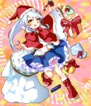  1girl capelet danmaku directional_arrow gift hat japanese_clothes kamome kariginu mononobe_no_futo open_mouth ponytail ribbon sack santa_hat short_hair silver_hair skirt smile solo tate_eboshi touhou yellow_eyes 