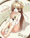  1girl animal_costume bare_arms bell blonde_hair boots brown_eyes collarbone fur_boots hand_in_hair happy_new_year horns leg_hug light_brown_hair long_hair love_live!_school_idol_project minami_kotori new_year nochita_shin open_mouth sheep_costume sheep_horns sitting smile solo translated very_long_hair 