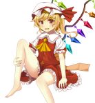  1girl arm_support ascot asymmetrical_hair asymmetrical_wings blonde_hair bunchou_(bunchou3103) fang flandre_scarlet leg_hold looking_at_viewer mob_cap open_mouth puffy_short_sleeves puffy_sleeves red_eyes red_shirt red_skirt shirt short_hair short_sleeves side_ponytail simple_background sitting skirt skirt_set sleeveless sleeveless_shirt touhou white_background white_shirt wings 