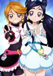  2girls bike_shorts blue_eyes blue_hair brown_eyes brown_hair cure_black cure_white earrings fingerless_gloves futari_wa_precure futari_wa_precure_max_heart gloves hair_ornament half_updo heart jewelry long_hair magical_girl manji_(tenketsu) misumi_nagisa multiple_girls precure ribbon short_hair shorts_under_skirt simple_background skirt smile v white_background yukishiro_honoka 