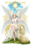  1girl 2015 barefoot blonde_hair breasts cleavage dress grass happy_new_year highres jewelry legs lips long_hair multiple_wings necklace new_year original sheep sitting solo wings 