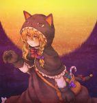  1girl animal_costume bag bell blonde_hair bow braid candy cat_costume cat_tail hair_bow halloween hood karioda kirisame_marisa long_hair looking_at_viewer solo tail touhou yellow_eyes 