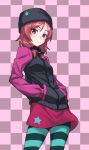  1girl beanie blush checkered checkered_background colored_stripes hands_in_pockets hat highres looking_at_viewer love_live!_school_idol_project matsuryuu nishikino_maki pantyhose redhead short_hair skirt solo striped striped_legwear track_jacket violet_eyes 