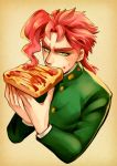  1boy eating food food_on_face gakuran green_eyes jojo_no_kimyou_na_bouken kakyouin_noriaki looking_at_viewer p-geist2 pizza redhead school_uniform solo sweatdrop 