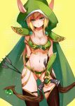  1girl alleria_windrunner arm_behind_back armor bi_ge_xing bikini_armor blonde_hair bow_(weapon) breasts cleavage flat_gaze gauntlets green_clothes green_eyes hooded_cloak long_hair looking_at_viewer midriff navel pointy_ears revealing_clothes serious solo spaulders thigh-highs thigh_gap warcraft weapon world_of_warcraft 
