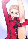  1girl 2014_winter_olympics black_gloves blonde_hair blue_eyes blush flexible gloves highres kneepits leg_up looking_at_viewer matsuryuu olympics ponytail real_life solo stretch yulia_lipnitskaya 