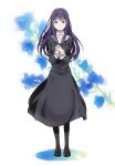 1girl asagami_fujino bangs blunt_bangs dress flower kara_no_kyoukai pantyhose purple_hair school_uniform solo zipon 